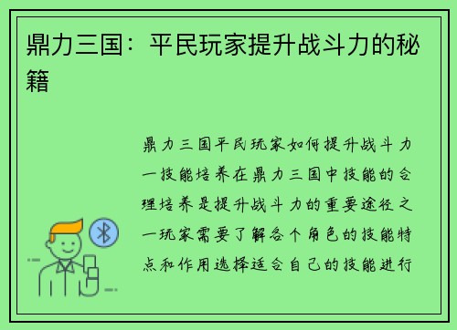 鼎力三国：平民玩家提升战斗力的秘籍